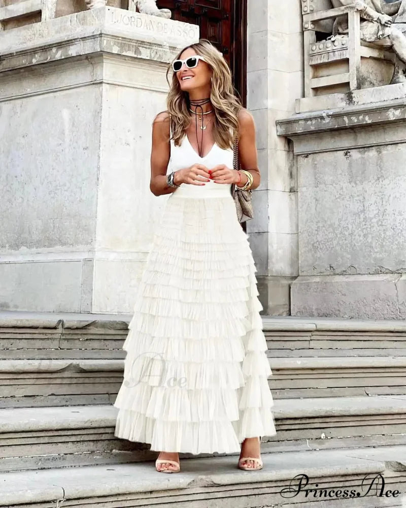 Durable Ball Gown Tall Waist Folded Mesh Dating Maxi Skirt