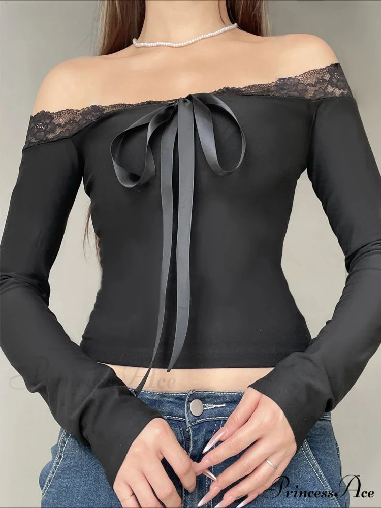 Durable Bow Patchwork Lace Slash Neck Extended Sleeve Knit Top