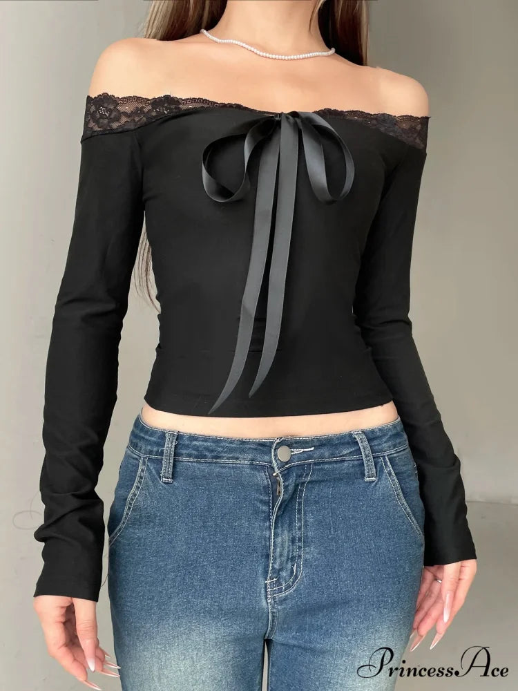 Durable Bow Patchwork Lace Slash Neck Extended Sleeve Knit Top