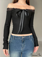 Durable Bow Patchwork Lace Slash Neck Extended Sleeve Knit Top
