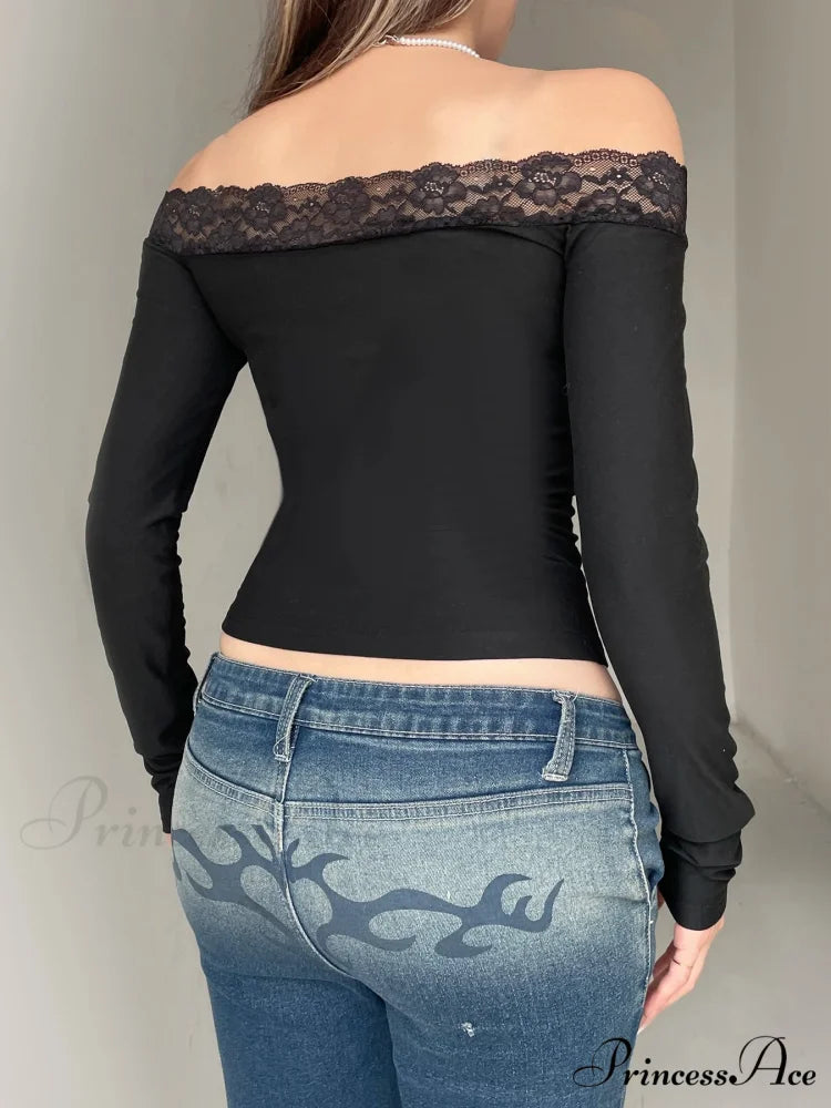 Durable Bow Patchwork Lace Slash Neck Extended Sleeve Knit Top
