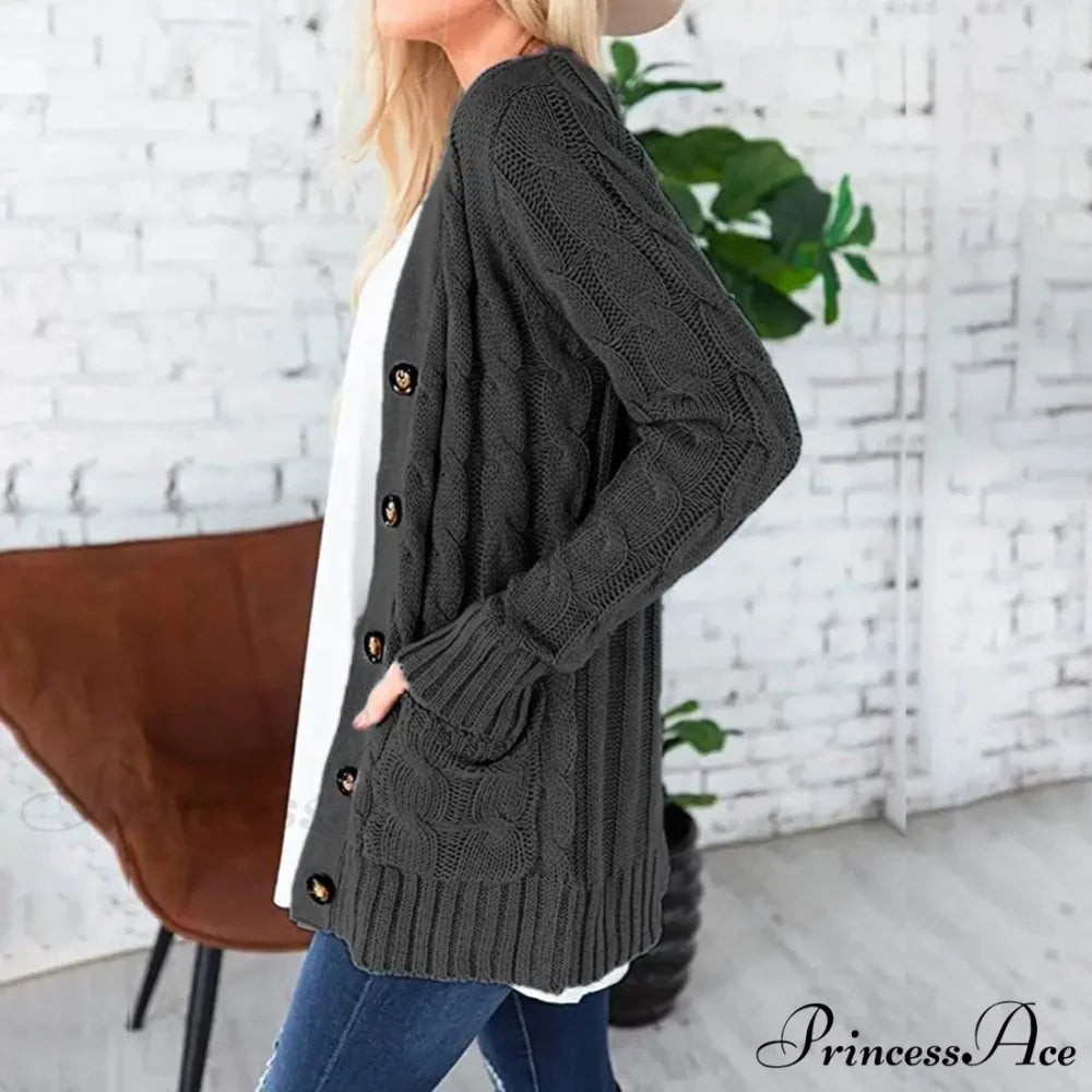 Durable Cable Knit Baggy Button Up Cardigan