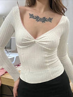 Durable Creases Profound Plunging Neckline Sleek Extended Sleeve Knit Top