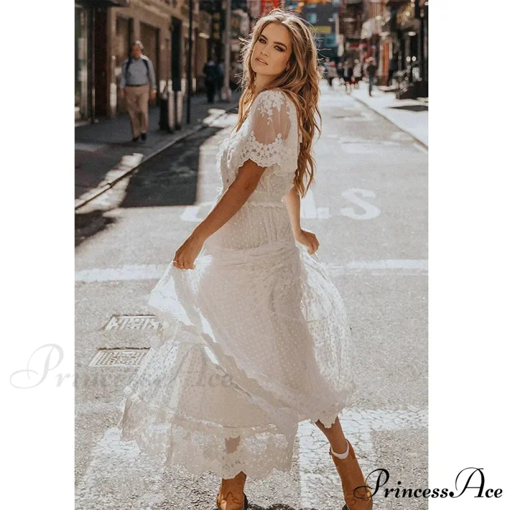 Durable Lace Short Sleeve V-neck Long Boho Dress
