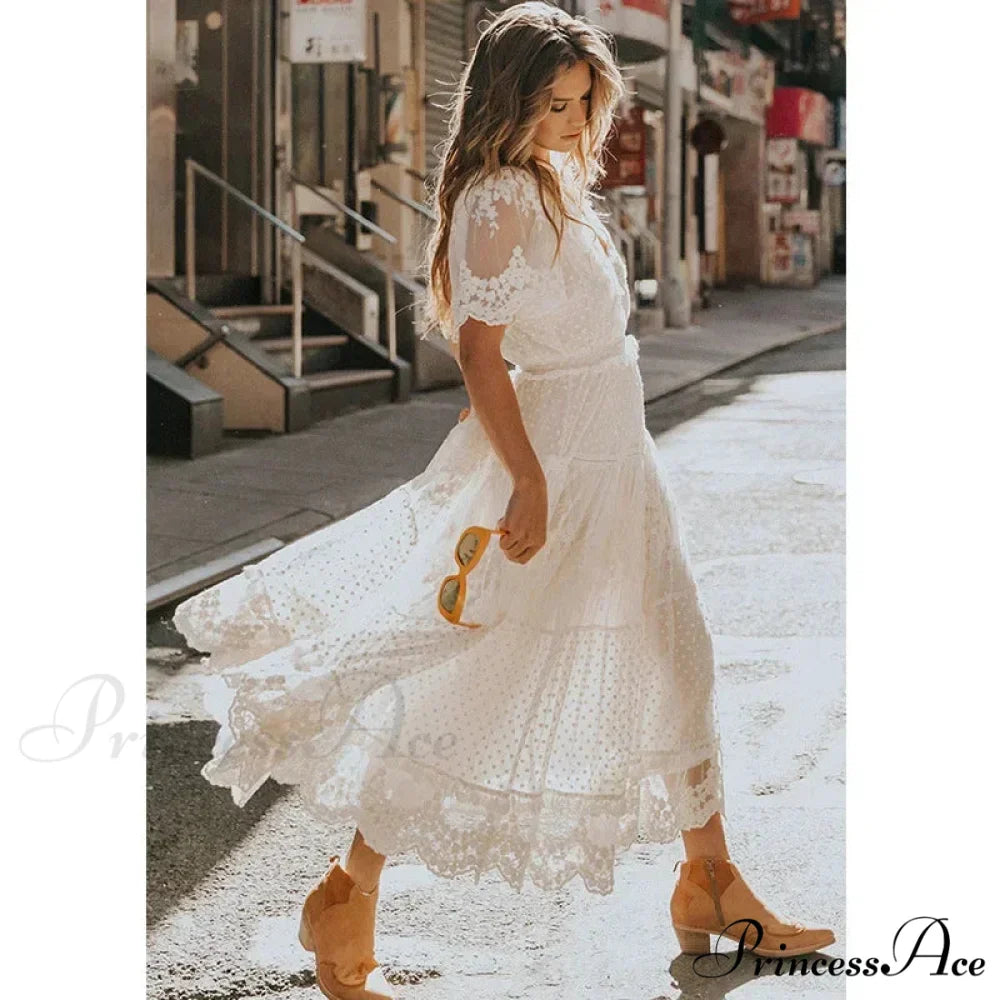 Durable Lace Short Sleeve V-neck Long Boho Dress