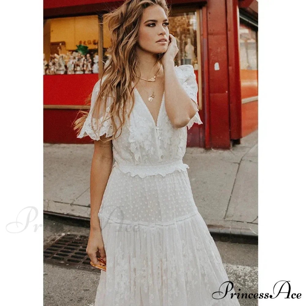 Durable Lace Short Sleeve V-neck Long Boho Dress