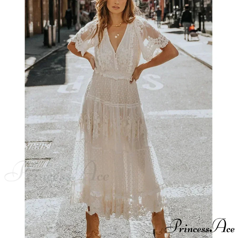 Durable Lace Short Sleeve V-neck Long Boho Dress