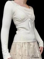 Durable Lace Trim Plunging Neckline Slim Fitted Long Sleeve Knit Top