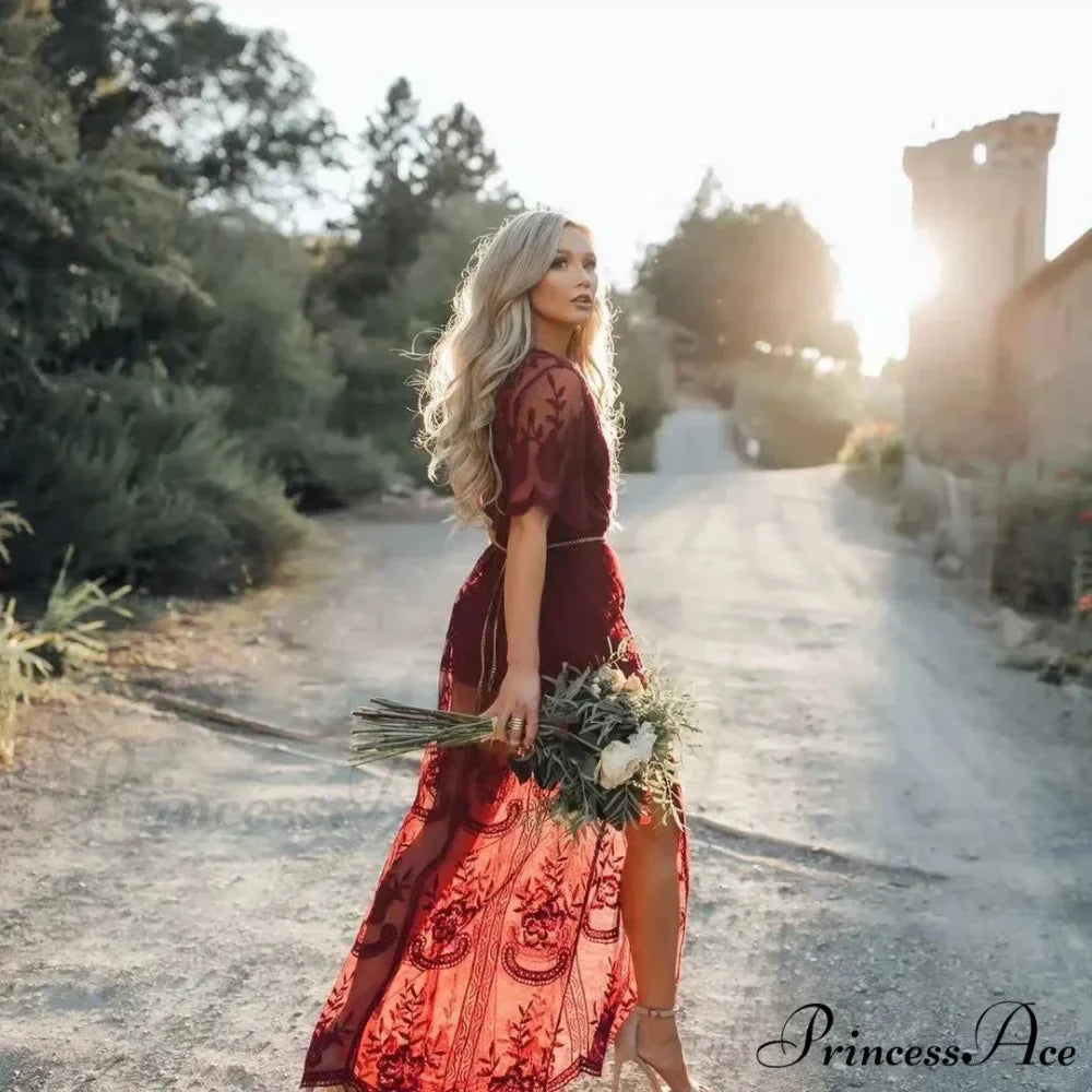 Durable Short Sleeve Lace V-neck Loose Maxi Boho Dress