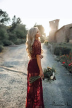 Durable Short Sleeve Lace V-neck Loose Maxi Boho Dress