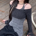 Durable Tank Fasten-Up Halter Open-Back Long Sleeve Knit Top