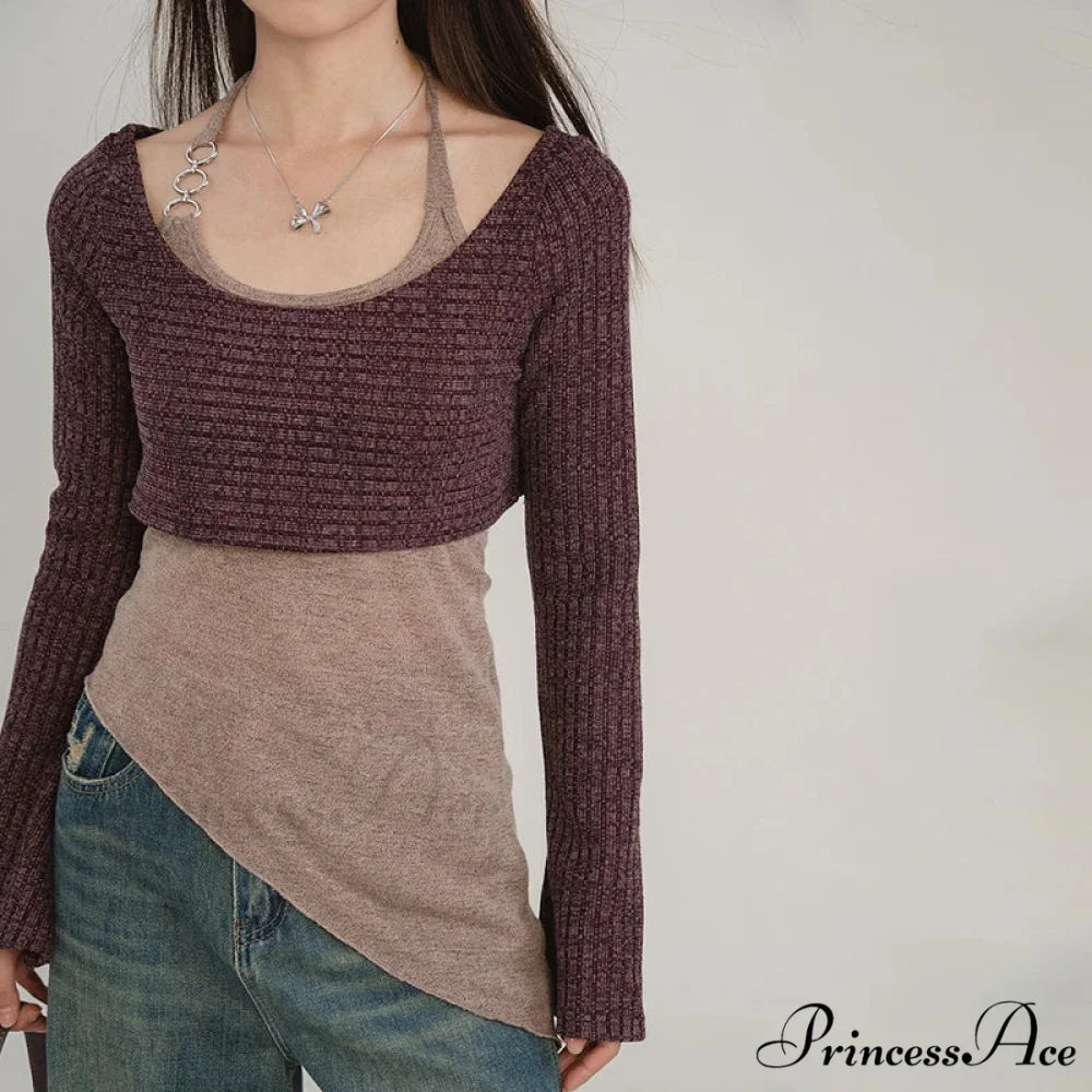 Durable Tank Fasten-Up Halter Open-Back Long Sleeve Knit Top