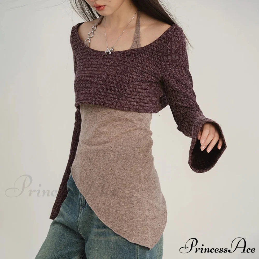 Durable Tank Fasten-Up Halter Open-Back Long Sleeve Knit Top