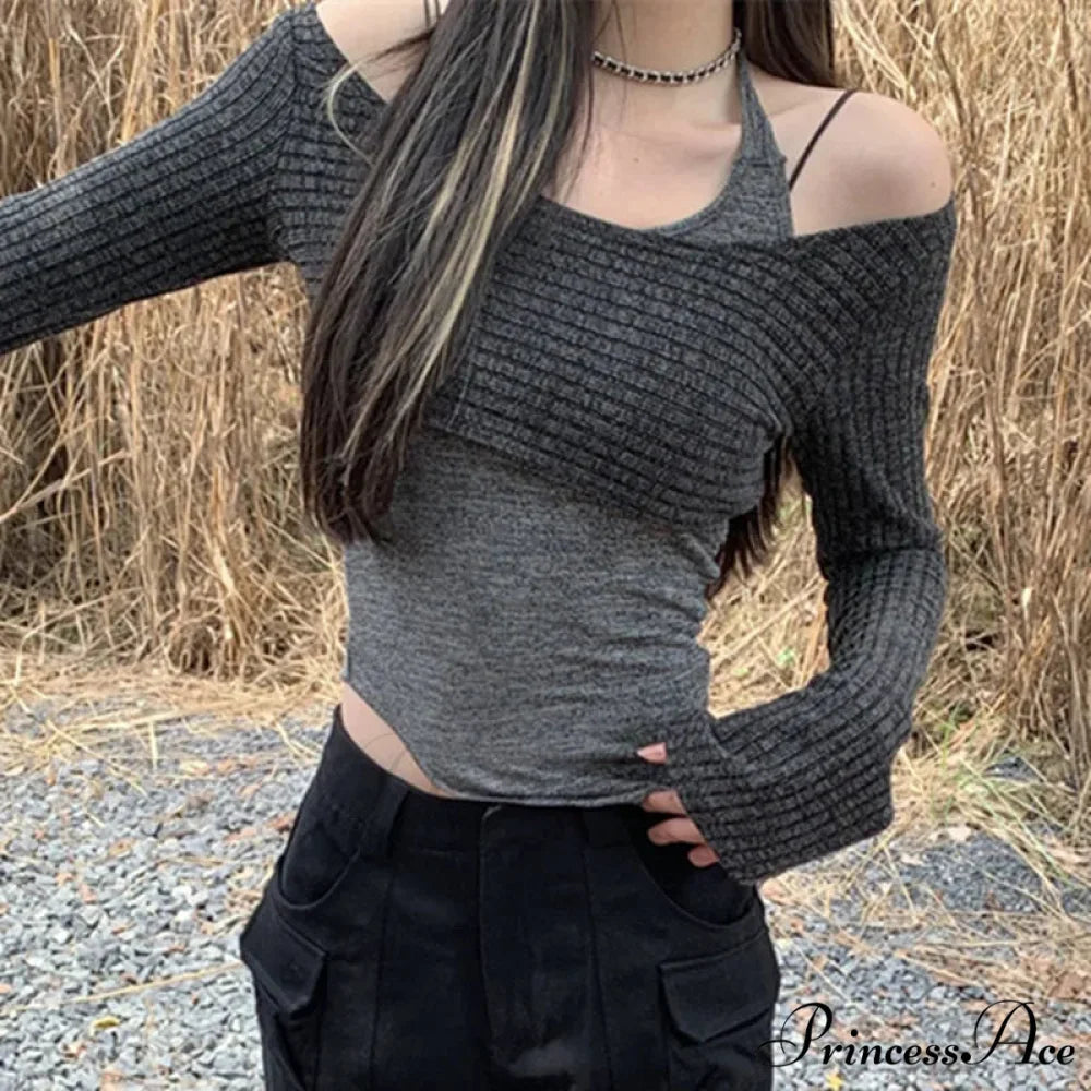 Durable Tank Fasten-Up Halter Open-Back Long Sleeve Knit Top