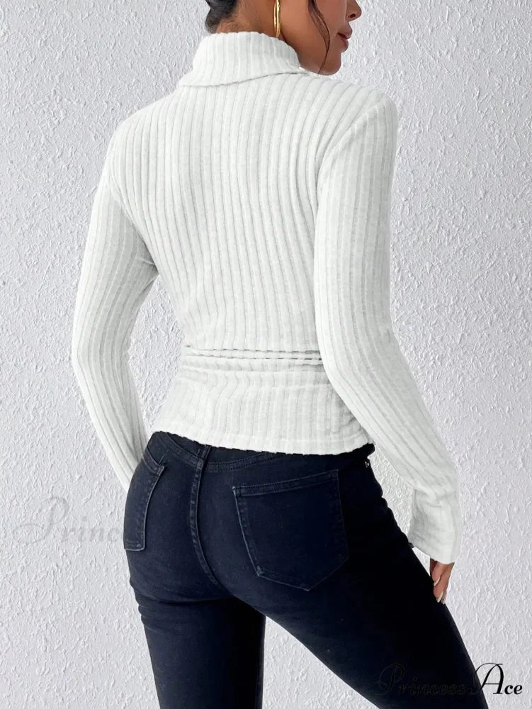 Dynamic Monochromatic High-Collar Trim-Fit Long Sleeve Top Women