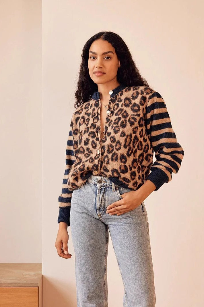 Leopard Print Contrast Cardigan Sweater