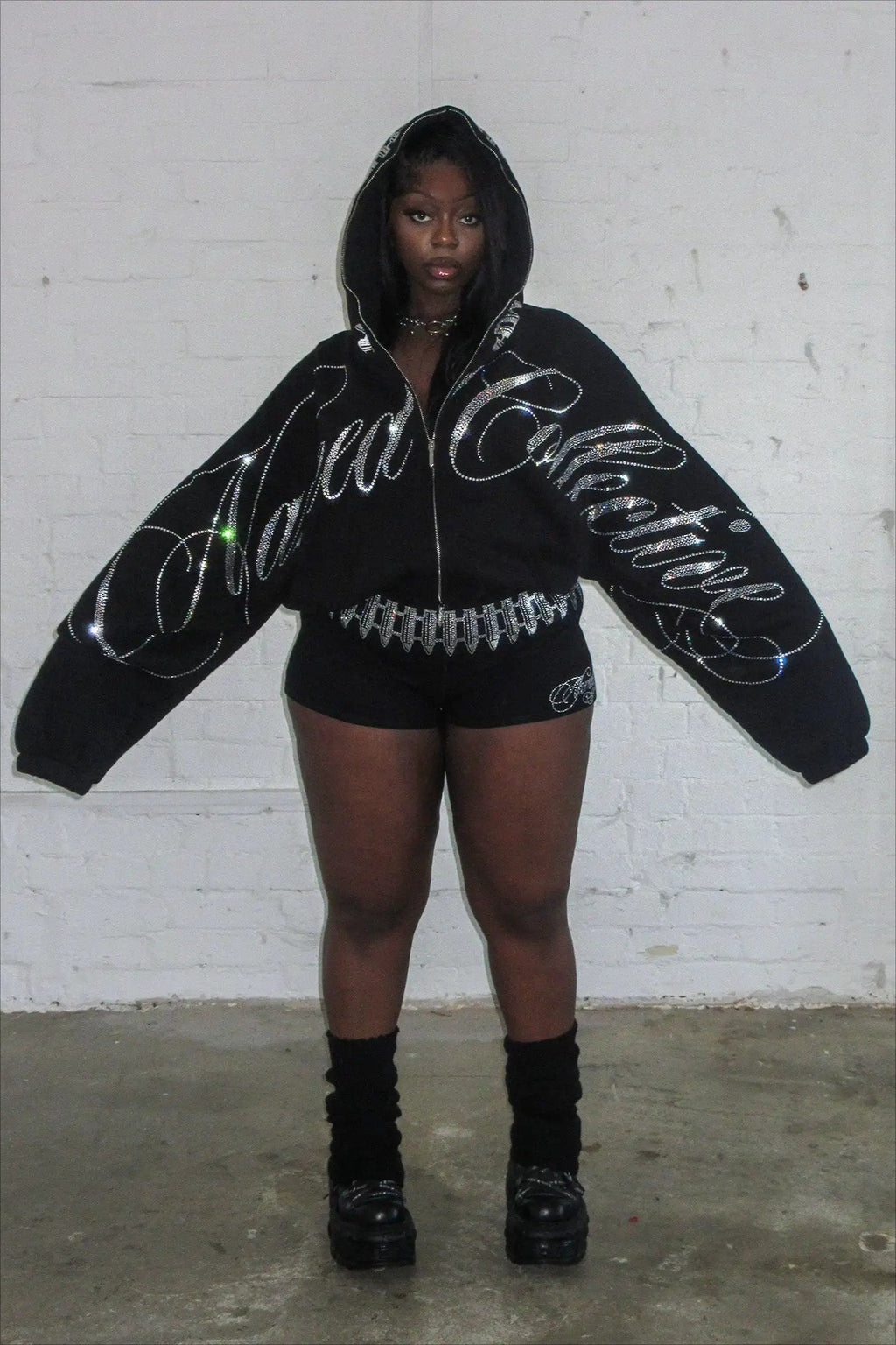 Hip Hop Letters Rhinestone Zipper Hoodie