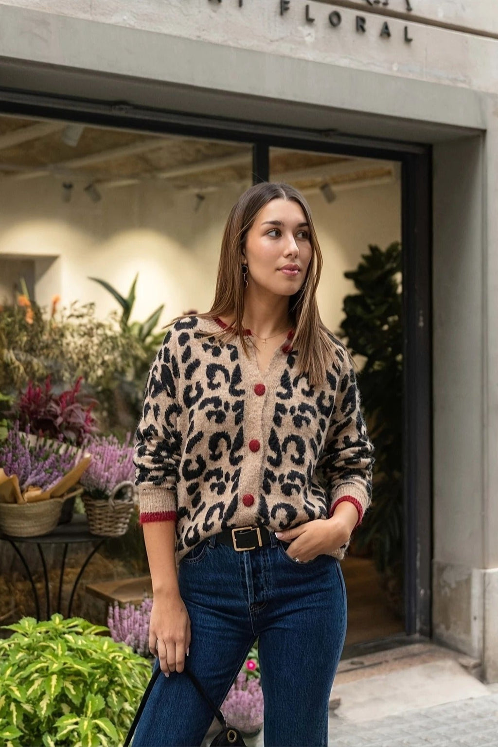 Leopard Print Crewneck Cardigan Sweater