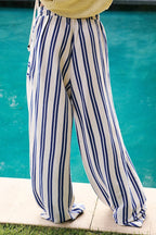 Beach Style Striped Drawstring Wide Leg Pants