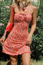 Stylish Red Printed Suspender Floral Dres