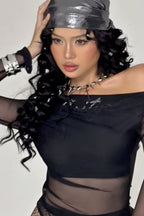 Fashion Mesh Panel Off-Shoulder Knit Top