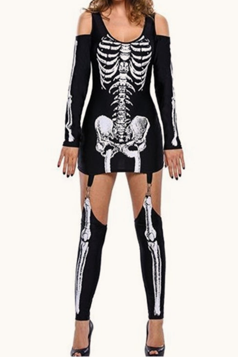 Halloween Skull Print Off-Shoulder Mini Dress