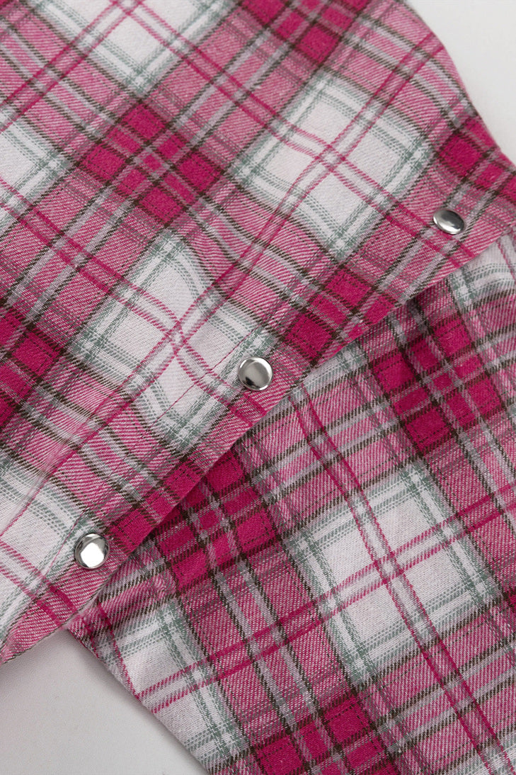 Pink Plaid Loose Fit Button-Up Blouse