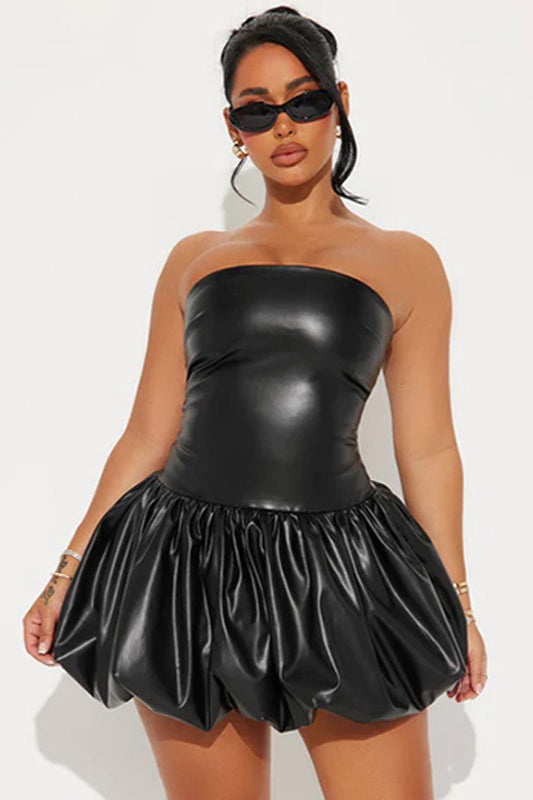Off Shoulder PU Panel High Waist Mini Dress