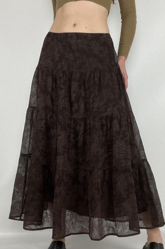 Brown Mesh A-Line Maxi Skirt