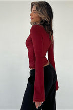 Vintage Lace Trim V-Neck Slim Fit Long Sleeve Blouse