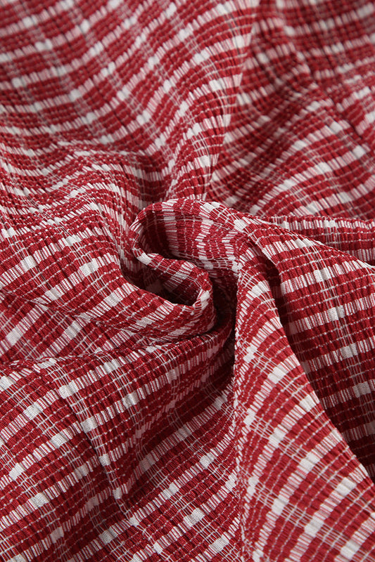 Vintage Red Plaid Polo Collar Button-Down Cropped Blouse