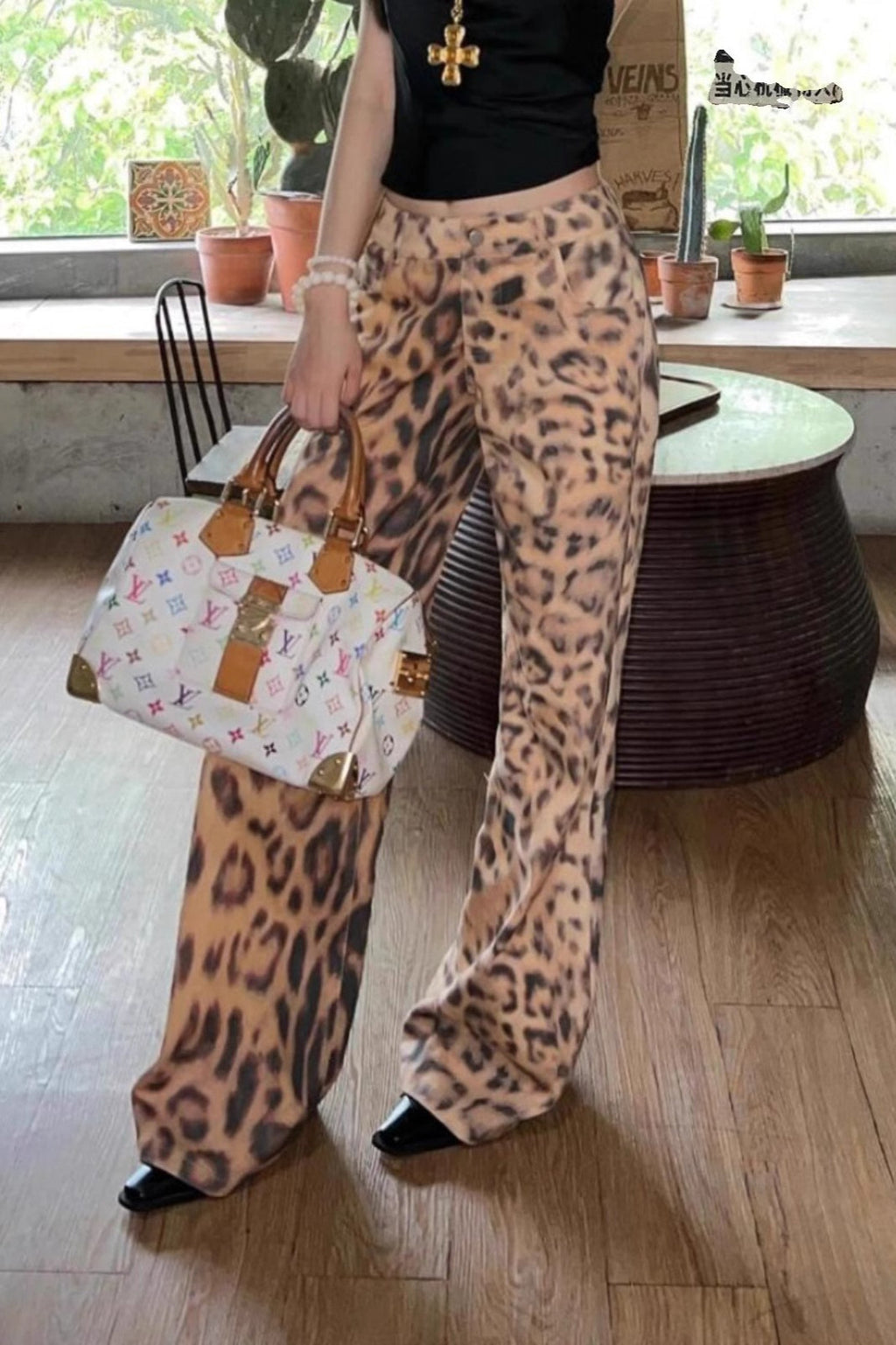 Leopard Print Low Rise Wide Leg Jeans