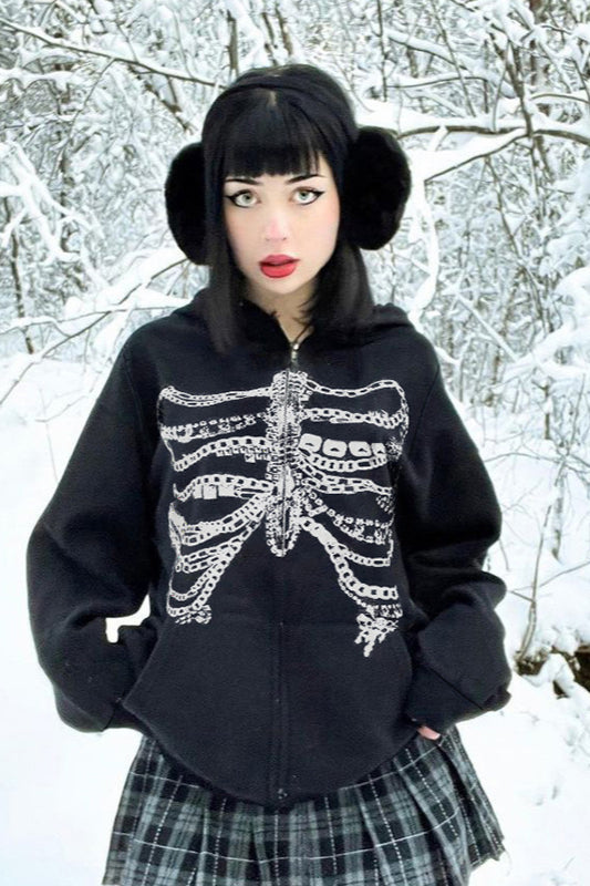 Gothic Skeleton Chain Zip Hoodie