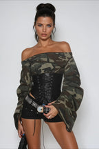 Off Shoulder Camo Print Tie Up  Blouse