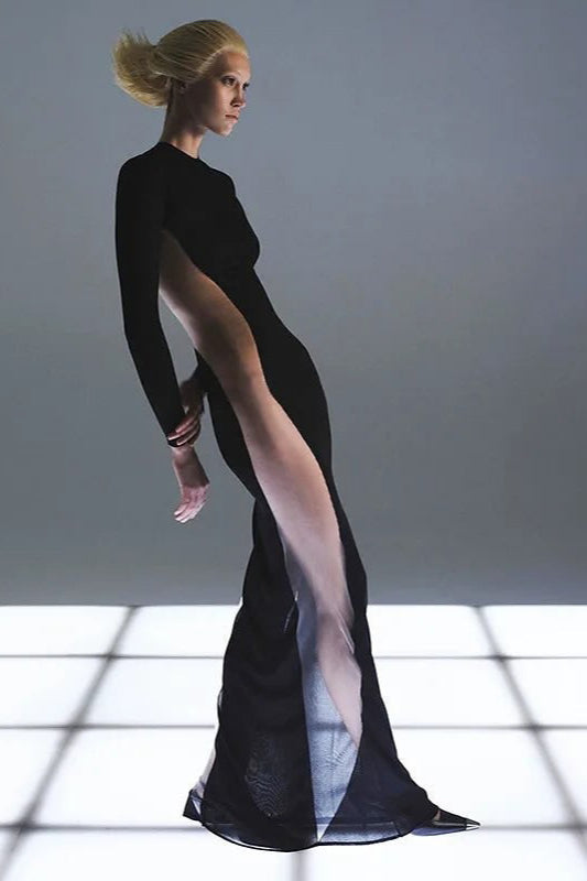 Sexy Sheer Mesh Insert High Waist Bodycon Maxi Dress