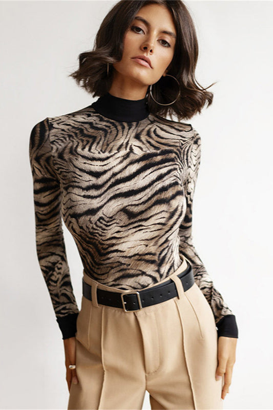 Zebra Print Mock Neck Bodysuit Knit Top