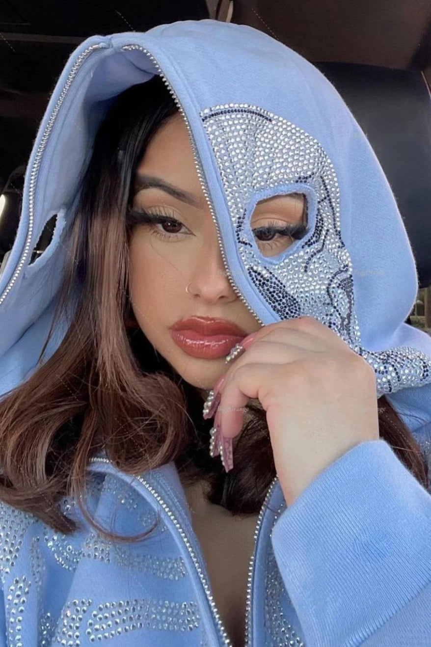 Rhinestone Skull Zip Up Hoodie