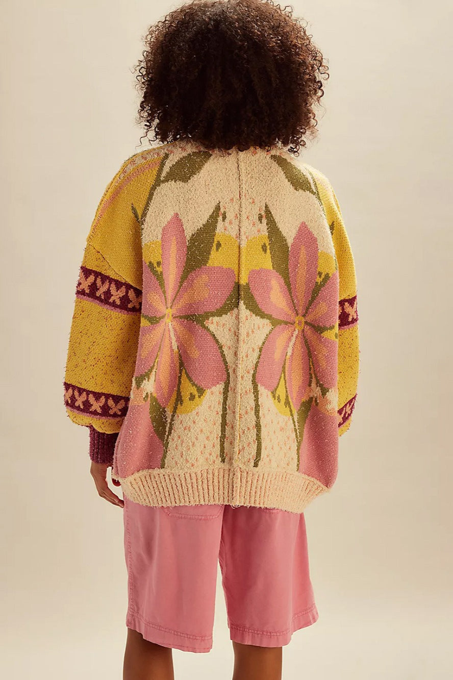 Abstract Print Lapel Long Sleeve Knit Sweater