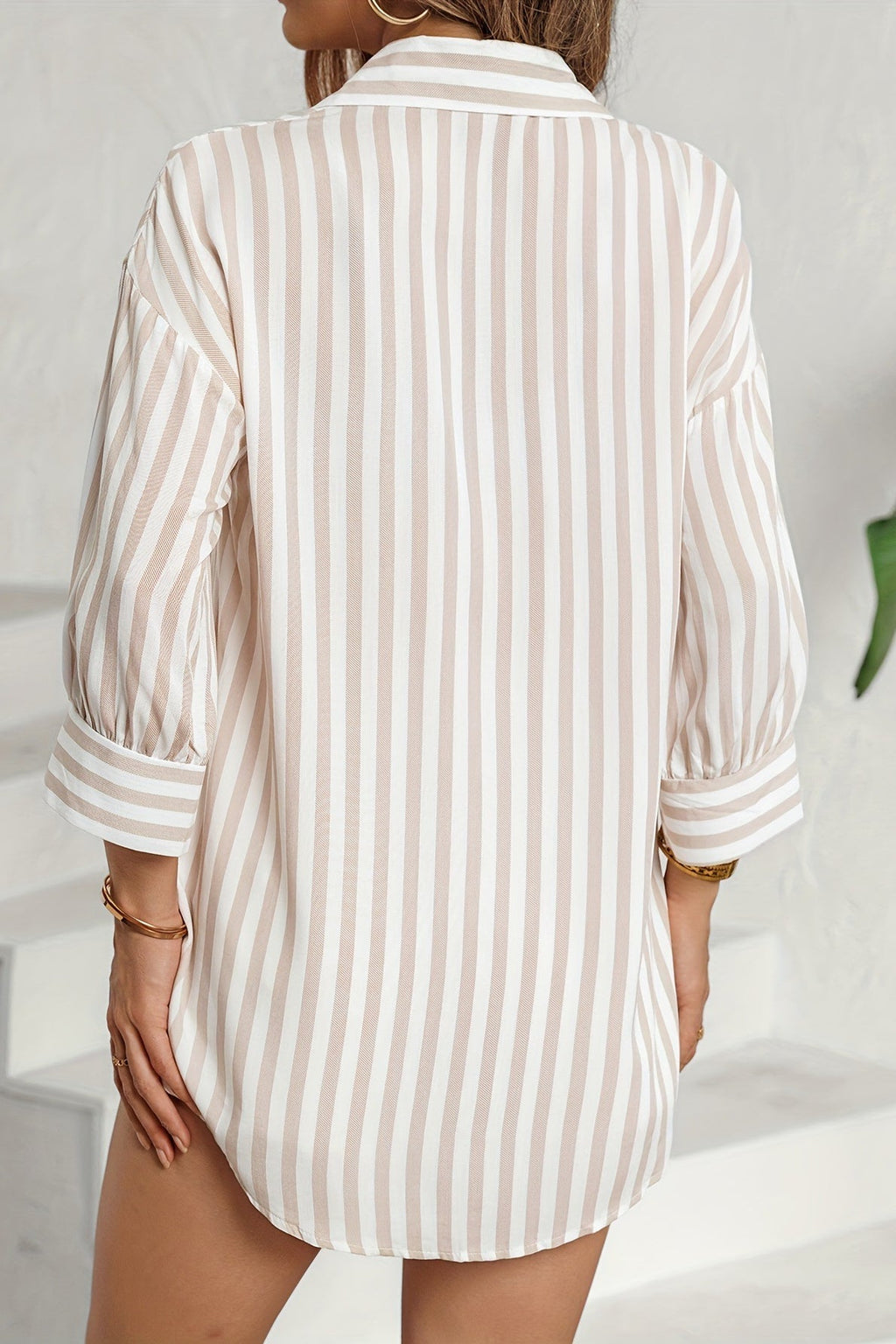 Striped Long Sleeve Pocket Button-Down Blouse