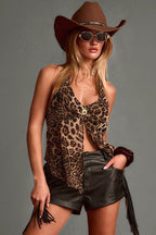Color Block Halter Leopard Print Crop Top