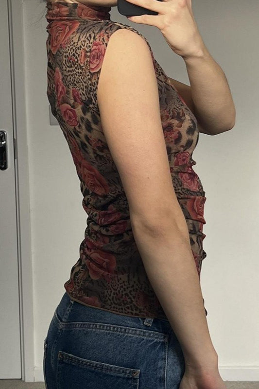 Contrast Print High Neck Blouse