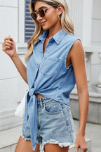 Washed Denim Tie Front Crop Blouse