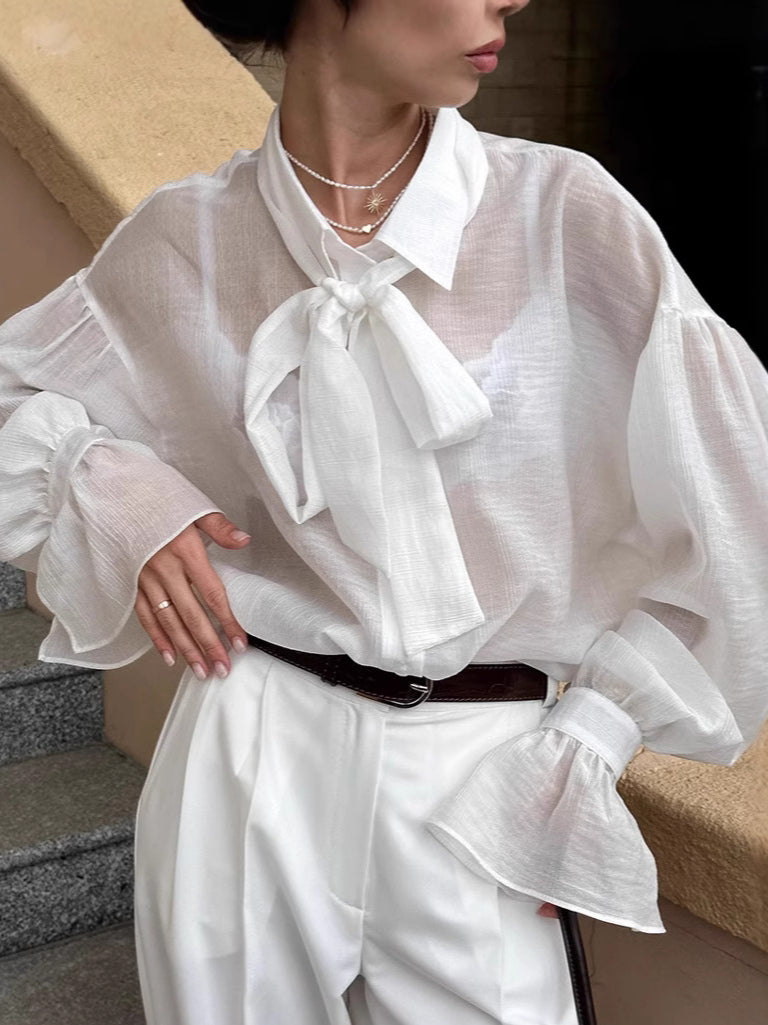 White Tencel Loose Bow Tie Bell Sleeve Blouse