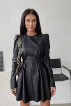 Leather Puff Sleeve Round Neck Mini Dress