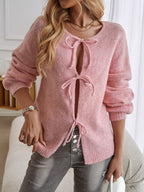 Loose Fit Button-Down Tie-Front Solid Color Sweater