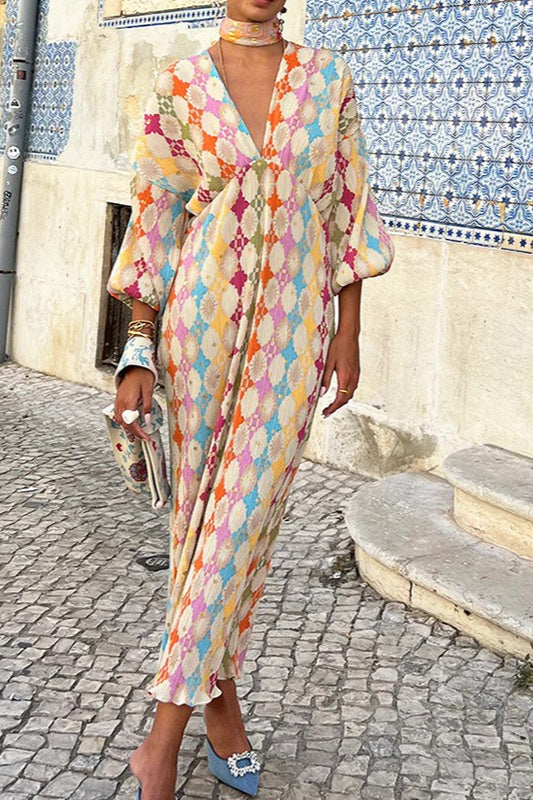 Elegant Floral V-Neck Lantern Sleeve Boho Dress