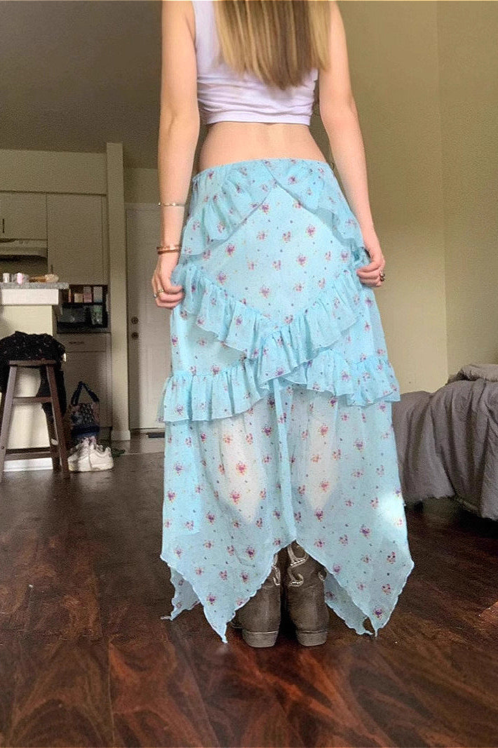 Sheer Floral Low Waist Asymmetrical Ruffle A Line Skirt