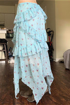 Floral Mesh Low-Waist Asymmetrical Skirt