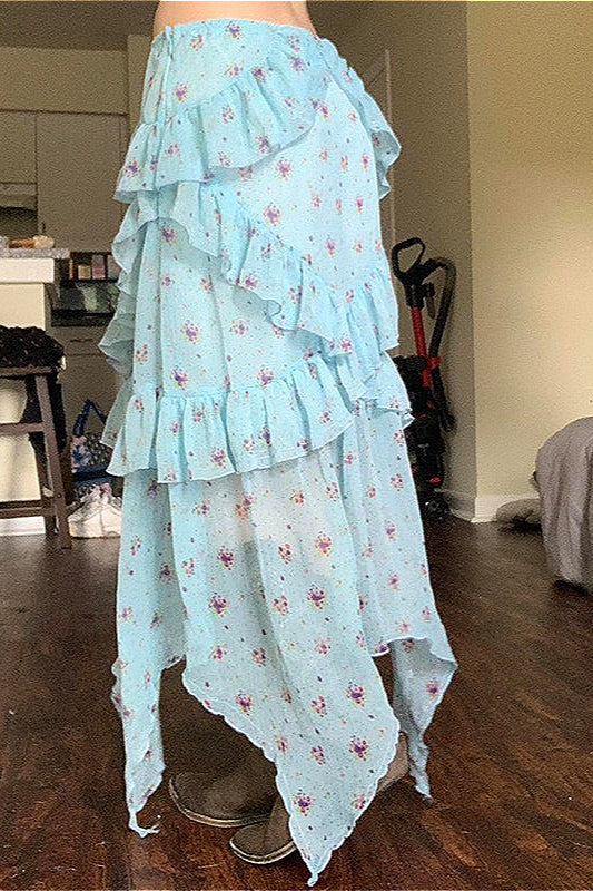 Floral Mesh Low-Waist Asymmetrical Skirt