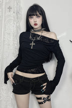 Velvet Patchwork One Shoulder T-Shirt